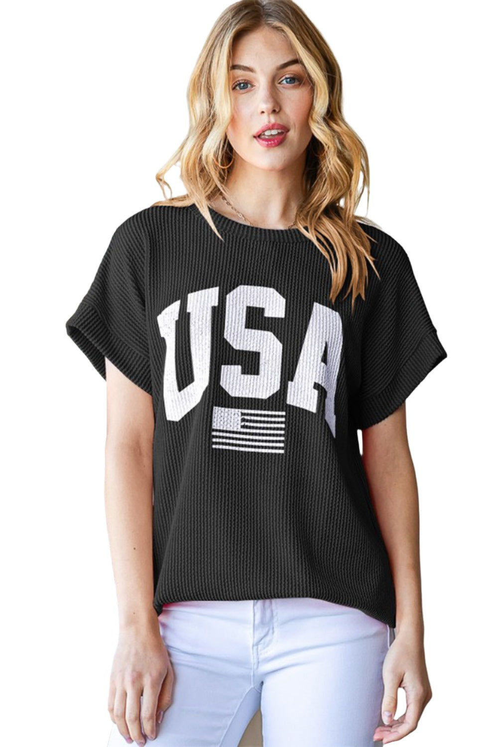 Heimish Full Size USA Graphic Short Sleeve Ribbed Top - T - 1 COLOR -