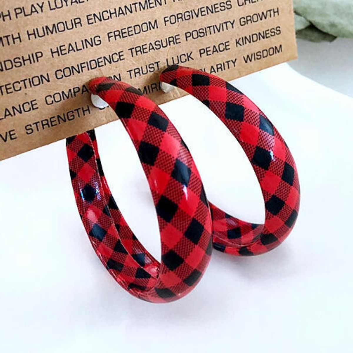 Plaid Faux Leather Hoop Earrings - T - 5 COLORS -