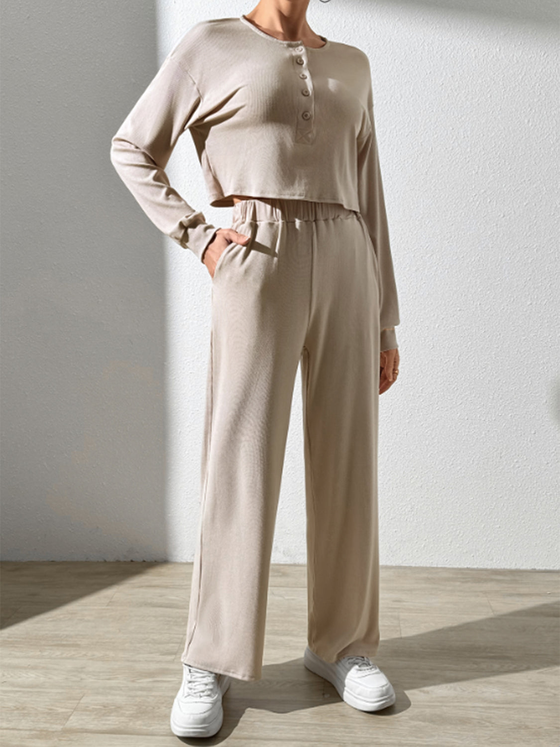 Half Button Long Sleeve Top and Pants set - 2 PCS. - T - 1 COLOR -