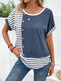 Thumbnail for Decorative Button Striped Round Neck Short Sleeve Top - T - 1 COLOR -