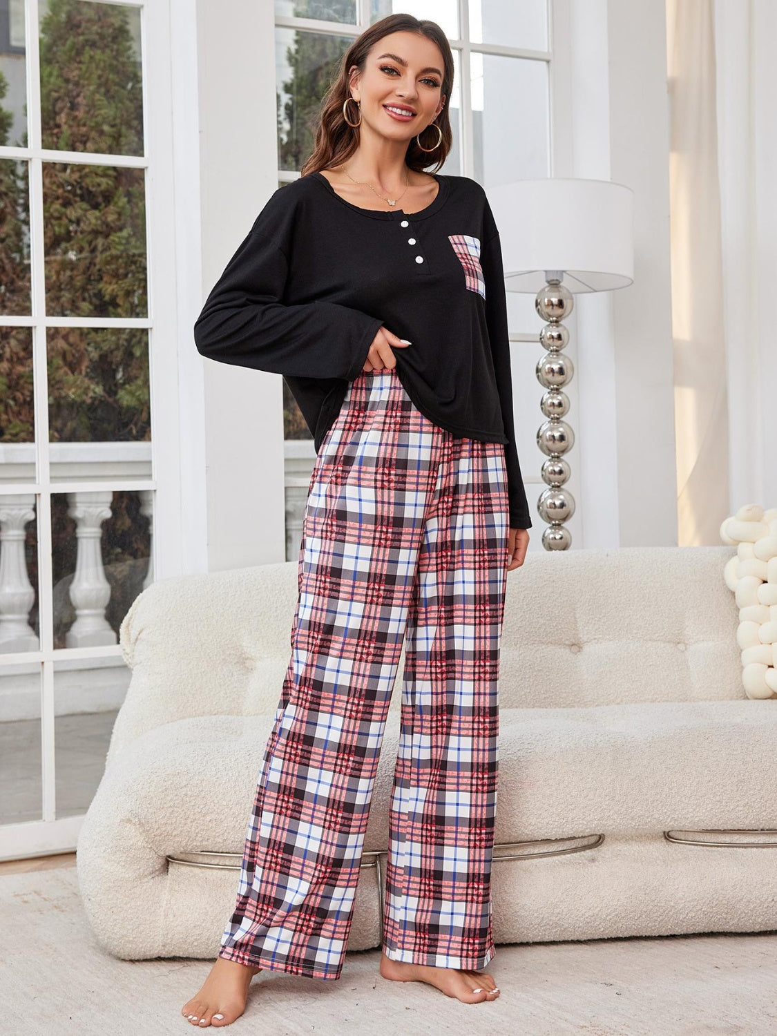 Round Neck Long Sleeve Top and Plaid Pants Lounge Set - 2 PCS. - T - 1 COLOR -