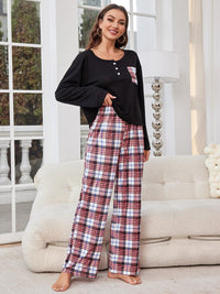 Thumbnail for Round Neck Long Sleeve Top and Plaid Pants Lounge Set - 2 PCS. - T - 1 COLOR -