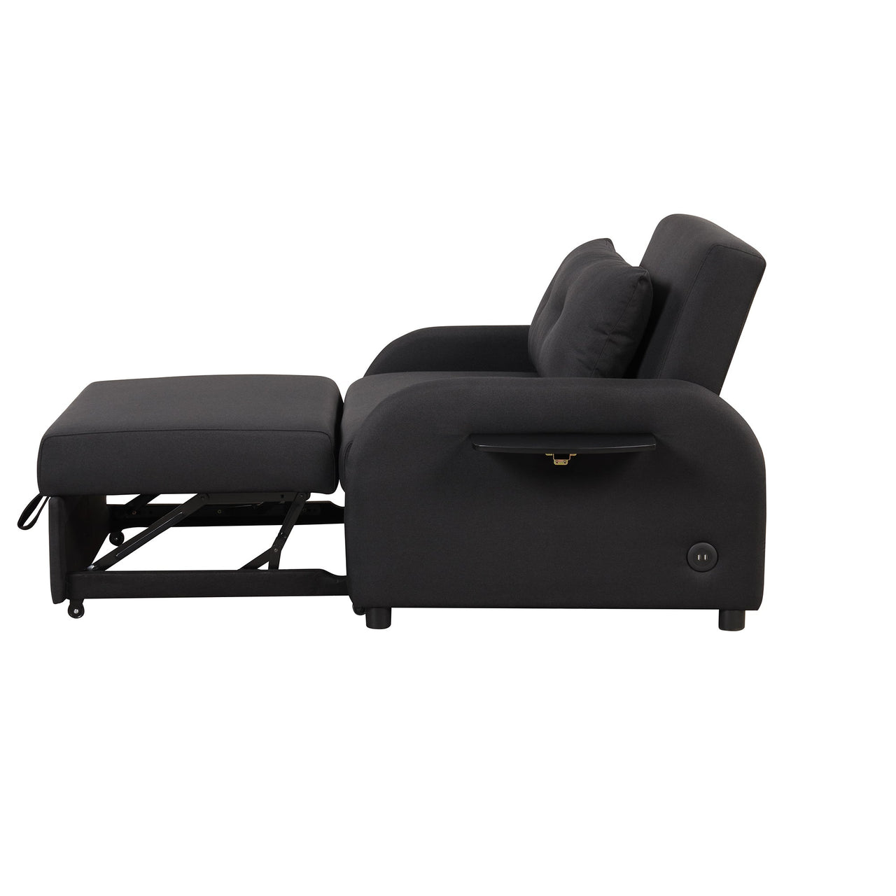 Pull Out Sofa Sleeper 3 in 1 With 2 Wing Table and Usb Charge for Nap Line Fabric for Living Room Recreation Room Black