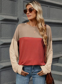 Thumbnail for Double Take Contrast Round Neck Long Sleeve T-Shirt - T - 9 COLORS -