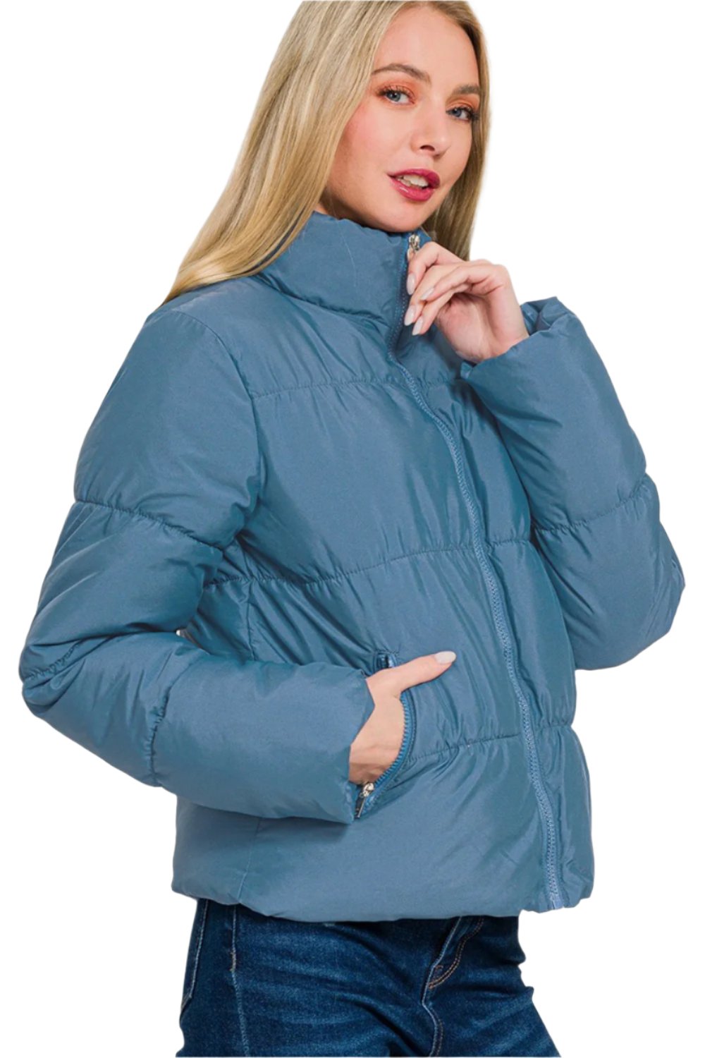 Zenana Zip Up Turtleneck Puffer Jacket with Pockets - T - 1 COLOR -