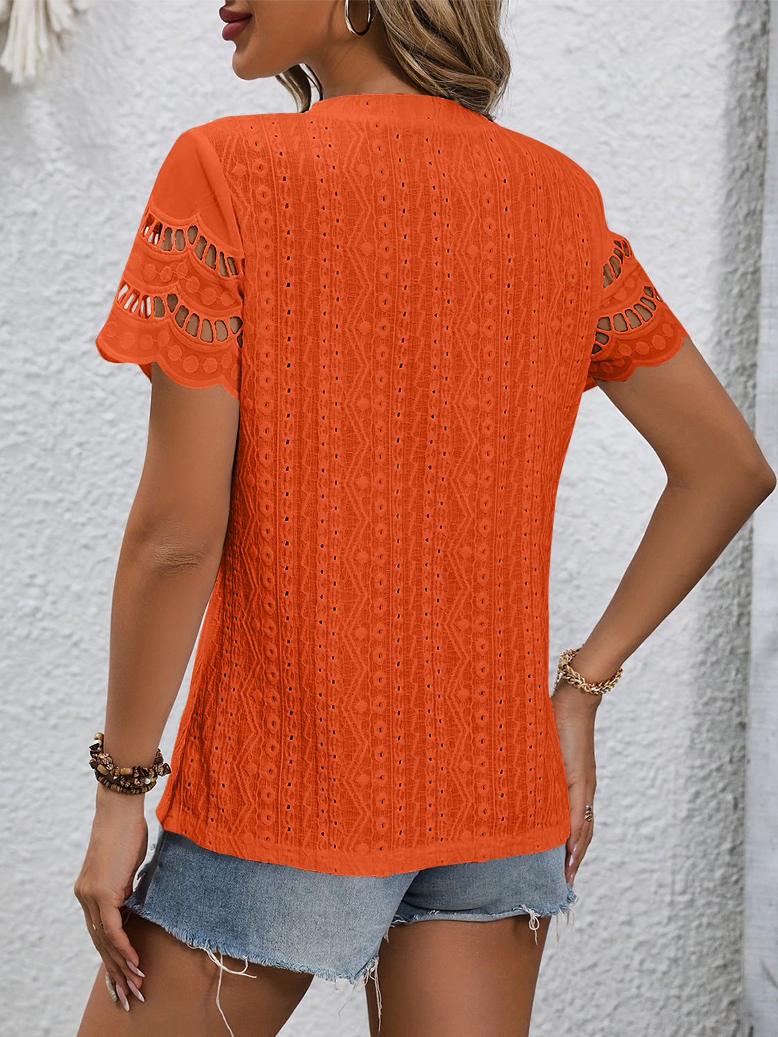 Full Size Eyelet Round Neck Short Sleeve Top - T - 11 COLORS -