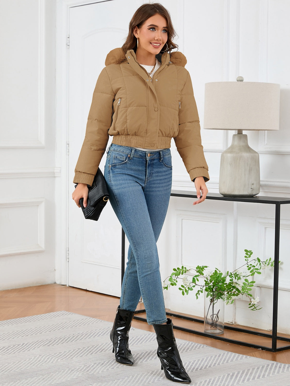 Pocketed Long Sleeve Cropped Hooded Winter Coat - T - 4 COLORS -