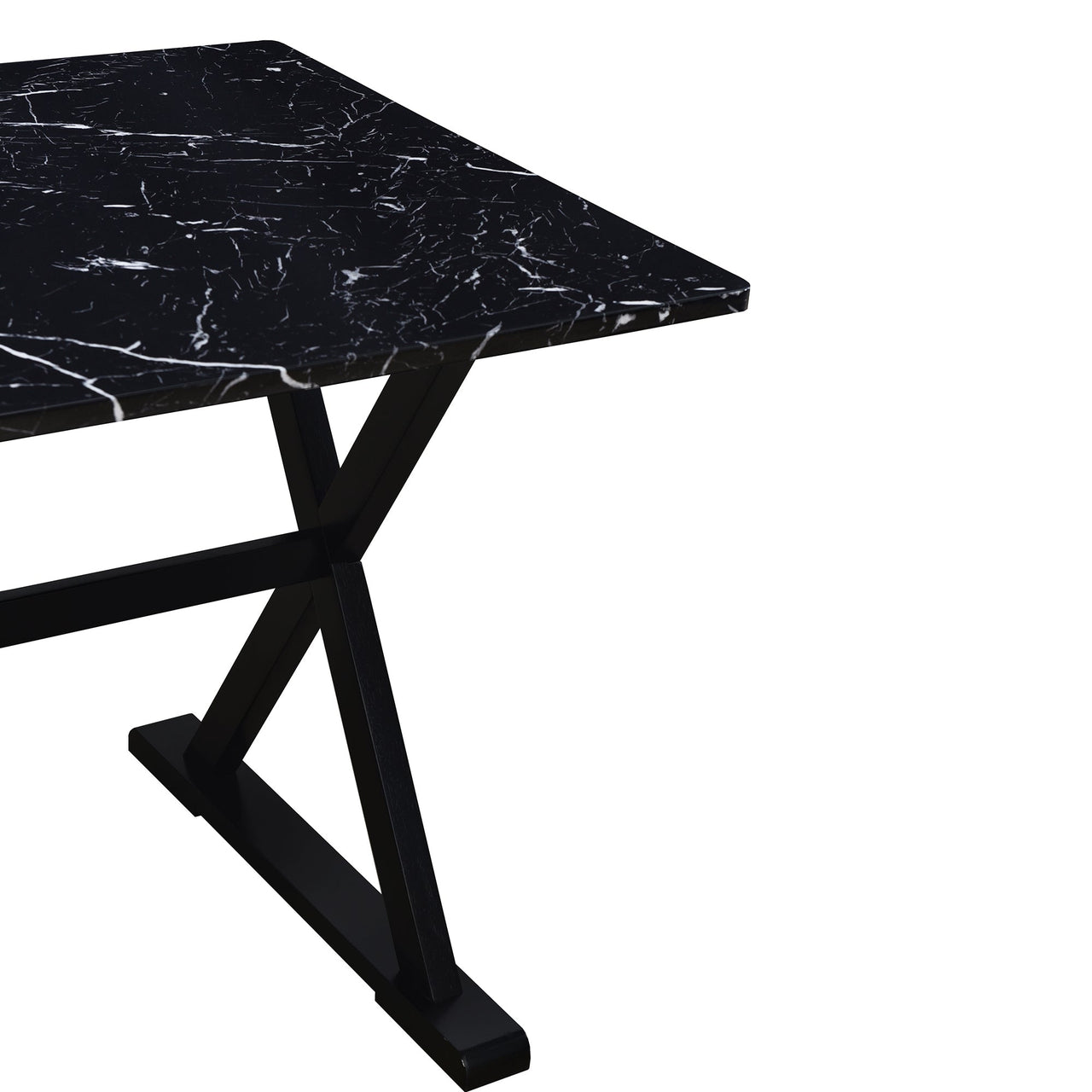 Solid Wood 5-Piece Dining Table Set With Faux Marble Tabletop and Upholstered Dining Chairs for 4, Faux Marble Black+Bei