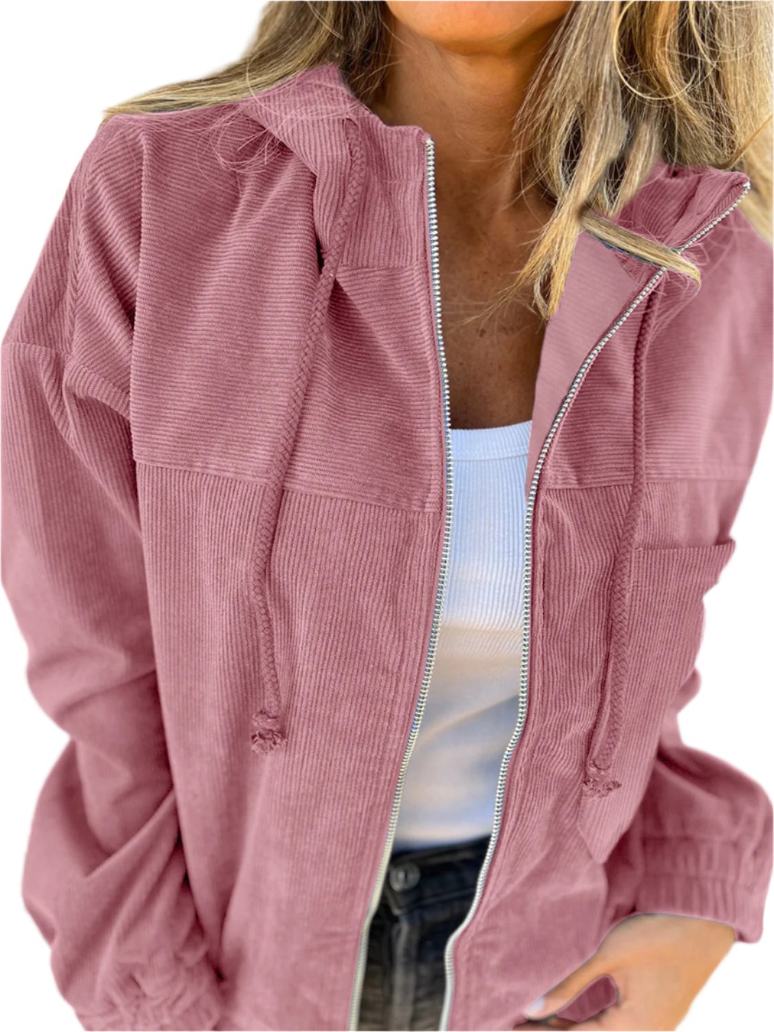 Drawstring Zip Up Long Sleeve Hooded Jacket - T - 4 COLORS -