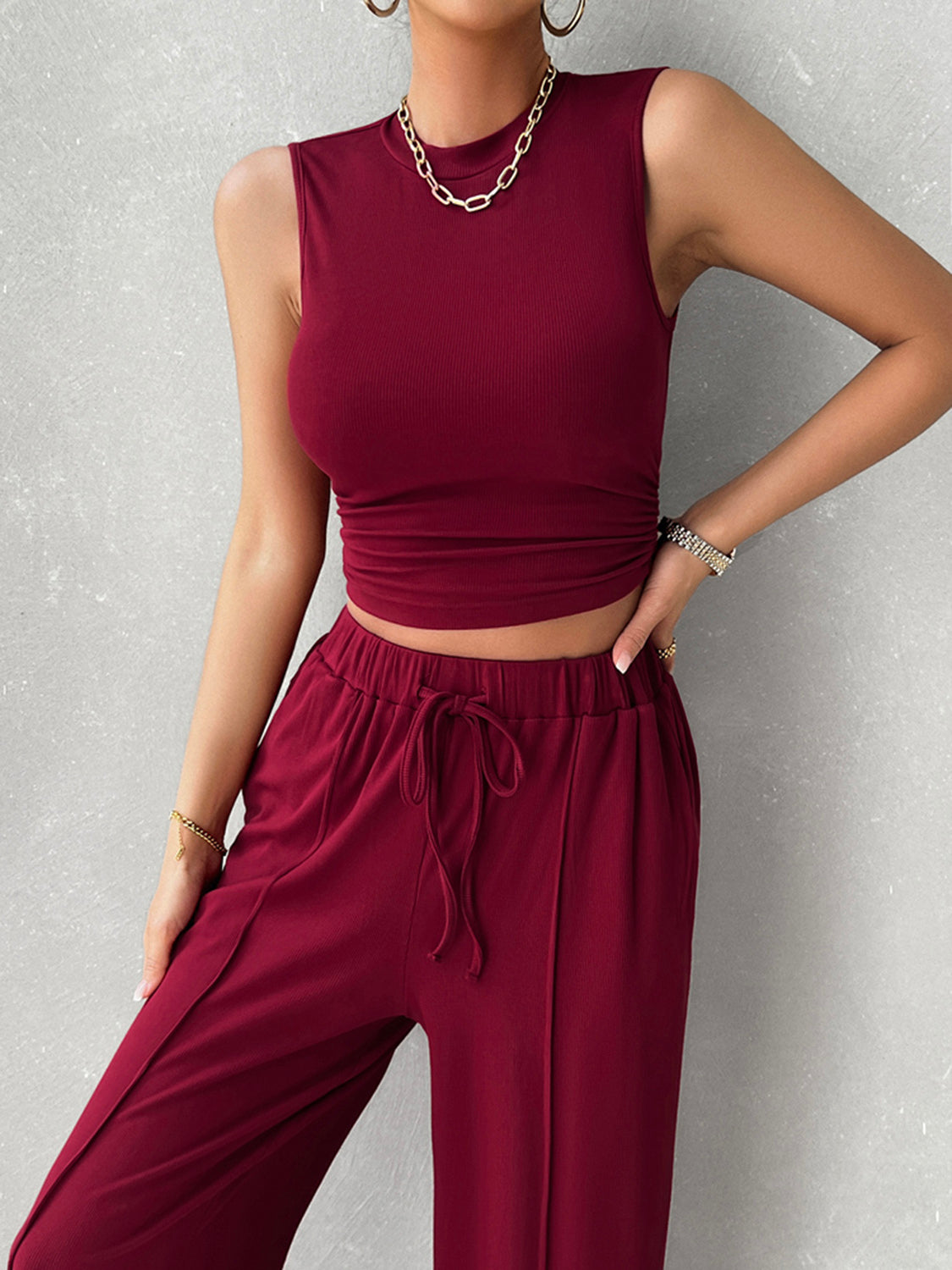 Mock Neck Sleeveless Top and Drawstring Pants Set - 2 PCS. - T - 5 COLORS -