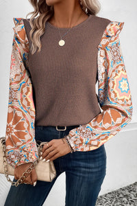 Thumbnail for Ruffled Printed Round Neck Long Sleeve Top - T - 1 COLOR -