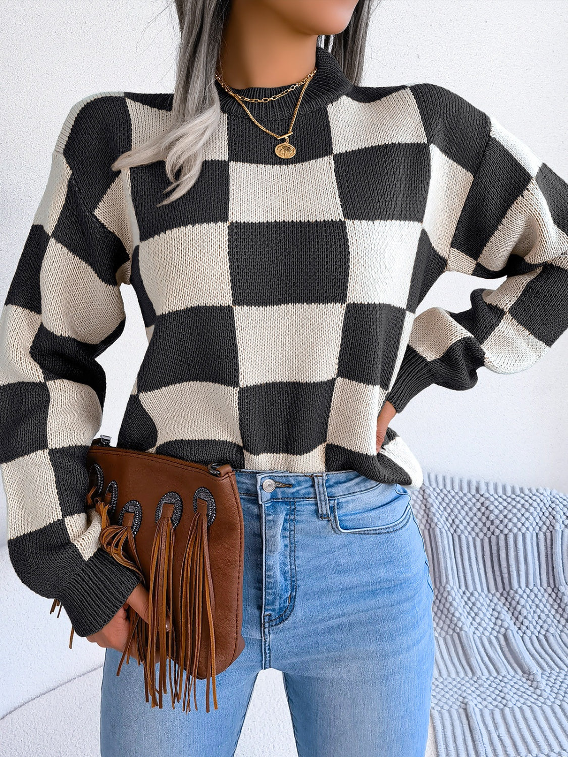 Checkered Mock Neck Long Sleeve Sweater - T - 4 COLORS -