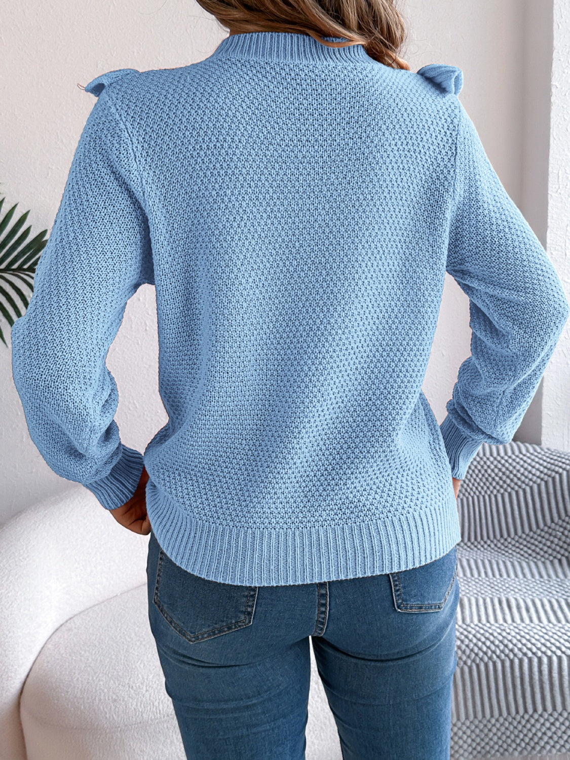 Ruffled Round Neck Long Sleeve Sweater - T - 1 COLOR -