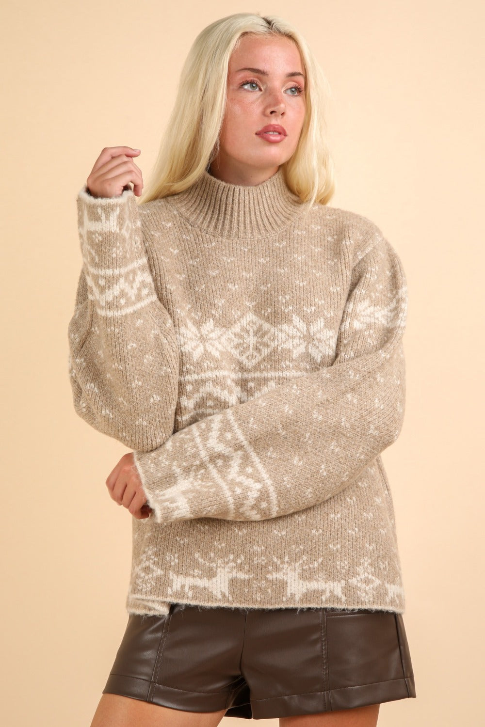 VERY J Christmas Element Mock Neck Long Sleeve Sweater - T - 1 COLOR -