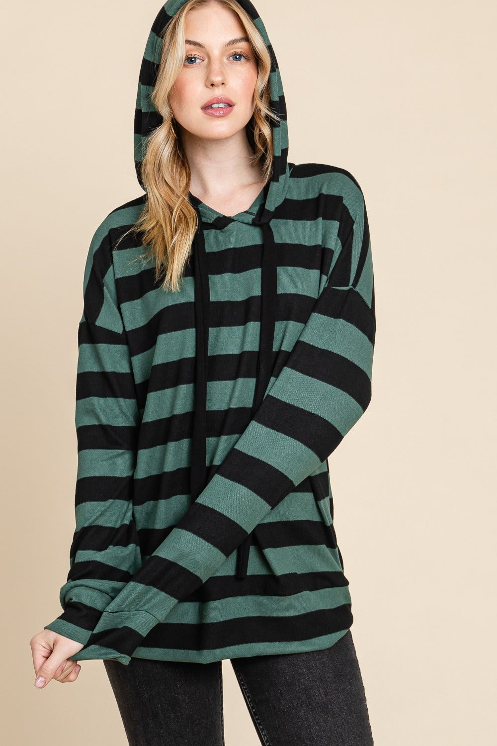 BOMBOM Drawstring Striped Dropped Shoulder Hoodie - T - 1 COLOR -