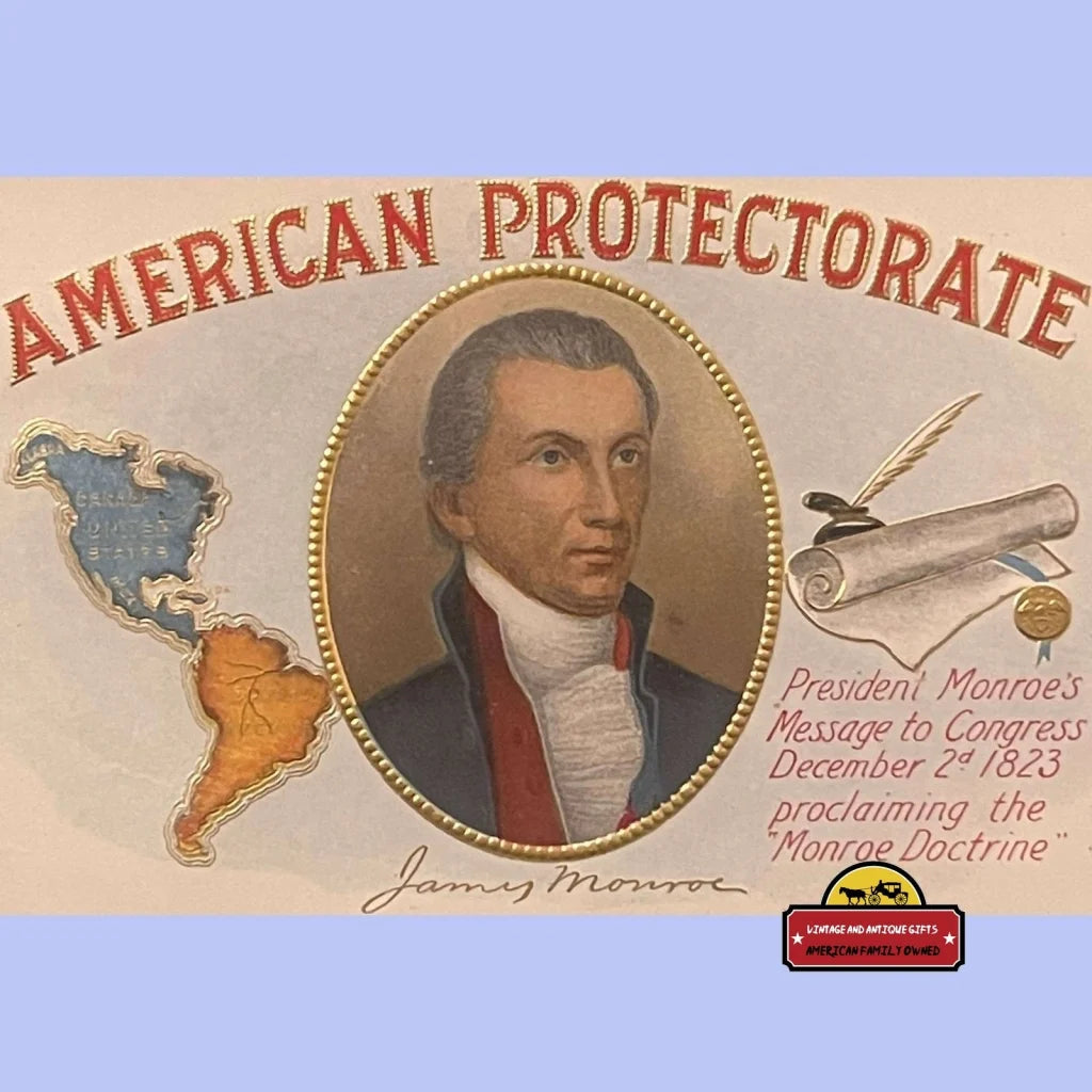 Rare Patriotic Antique American Protectorate Embossed Cigar Label, James Monroe Doctrine, 1900s - 1910s