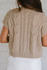 Thumbnail for Cable-Knit Tied Mock Neck Short Sleeve Sweater - T - 1 COLOR -