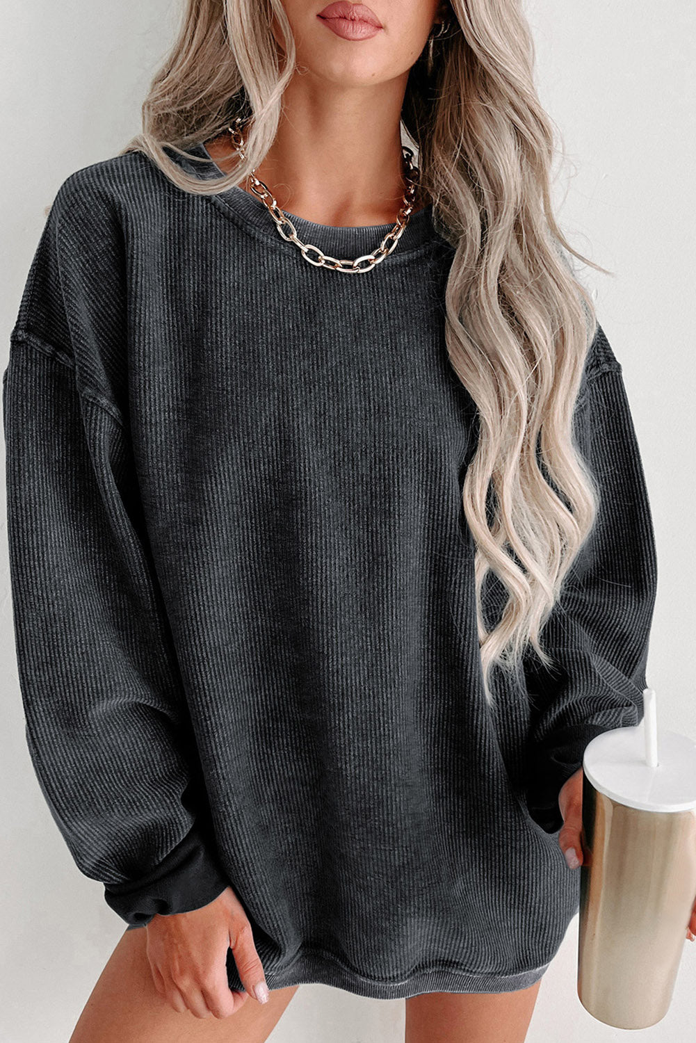 Round Neck Dropped Shoulder Sweatshirt - T - 1 COLOR -