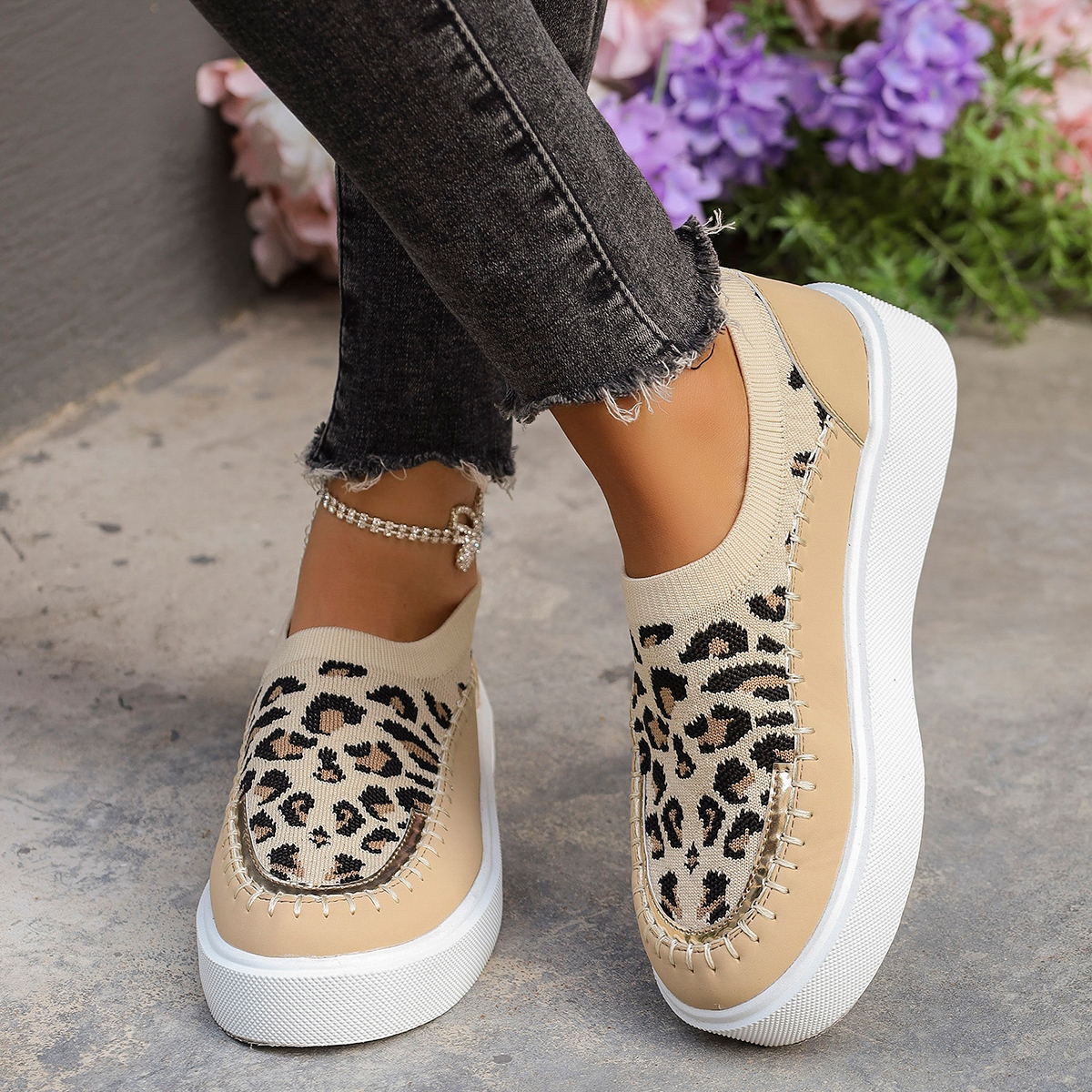 Leopard Round Toe Platform Sneakers - T - 1 COLOR -