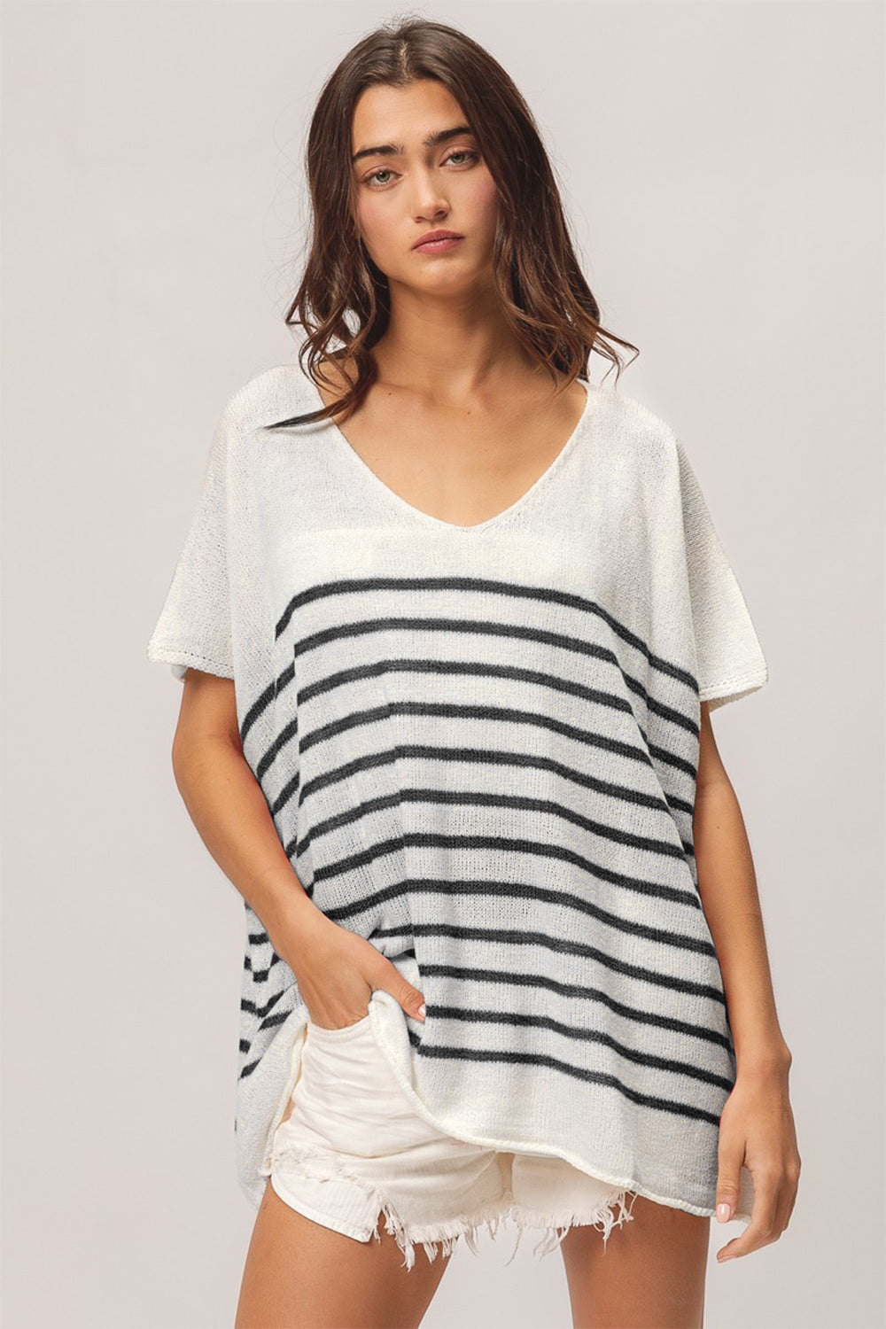 BiBi V Neck Striped Short Sleeve Top - Beach or Everyday - T - 1 COLOR -