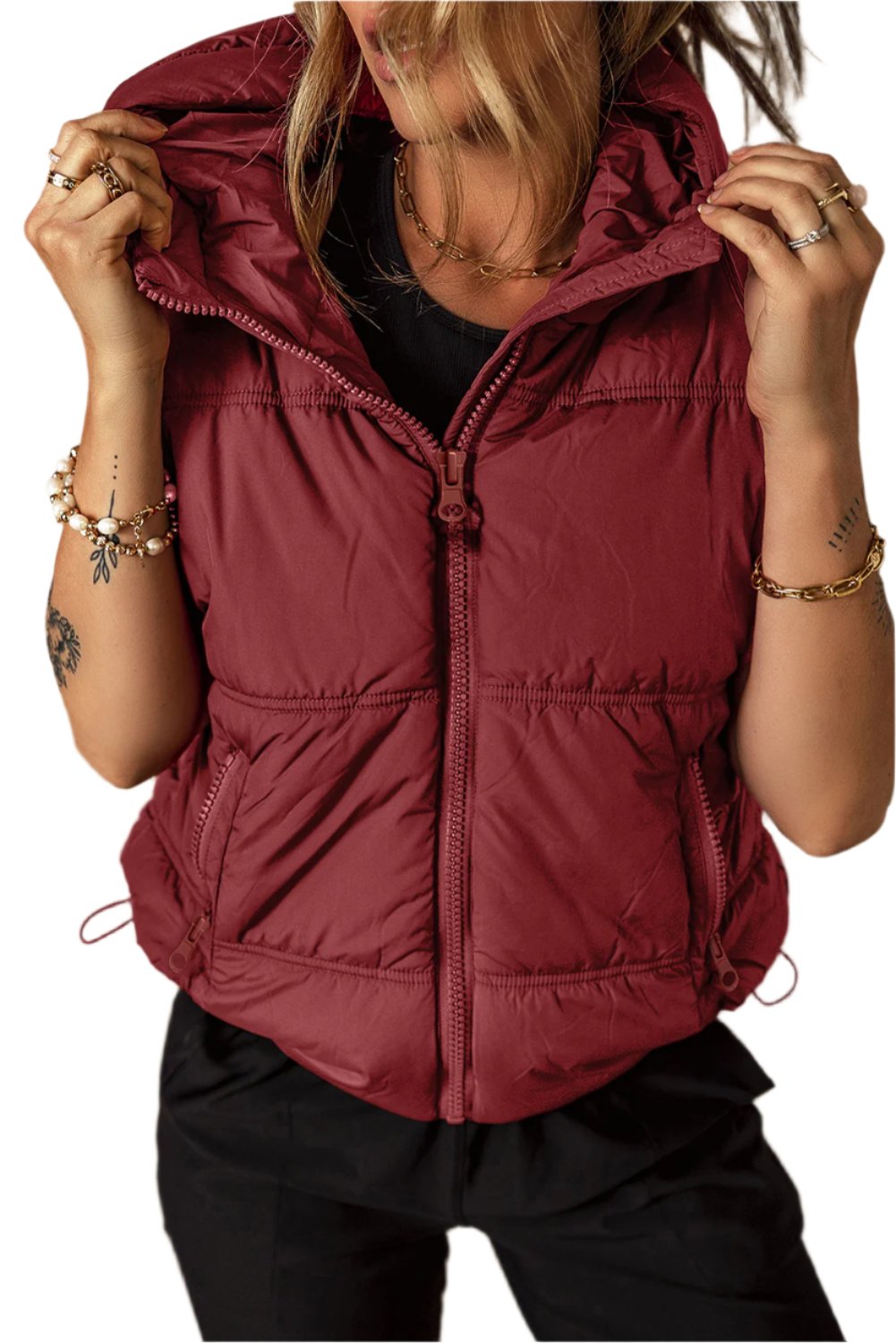 Drawstring Zip Up Hooded Vest Jacket - T - 1 COLOR -