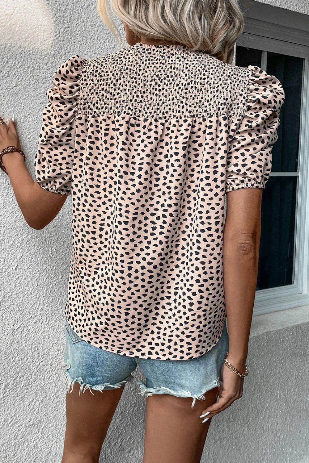 Smocked Animal Print Puff Sleeve Blouse - T - 1 COLOR -