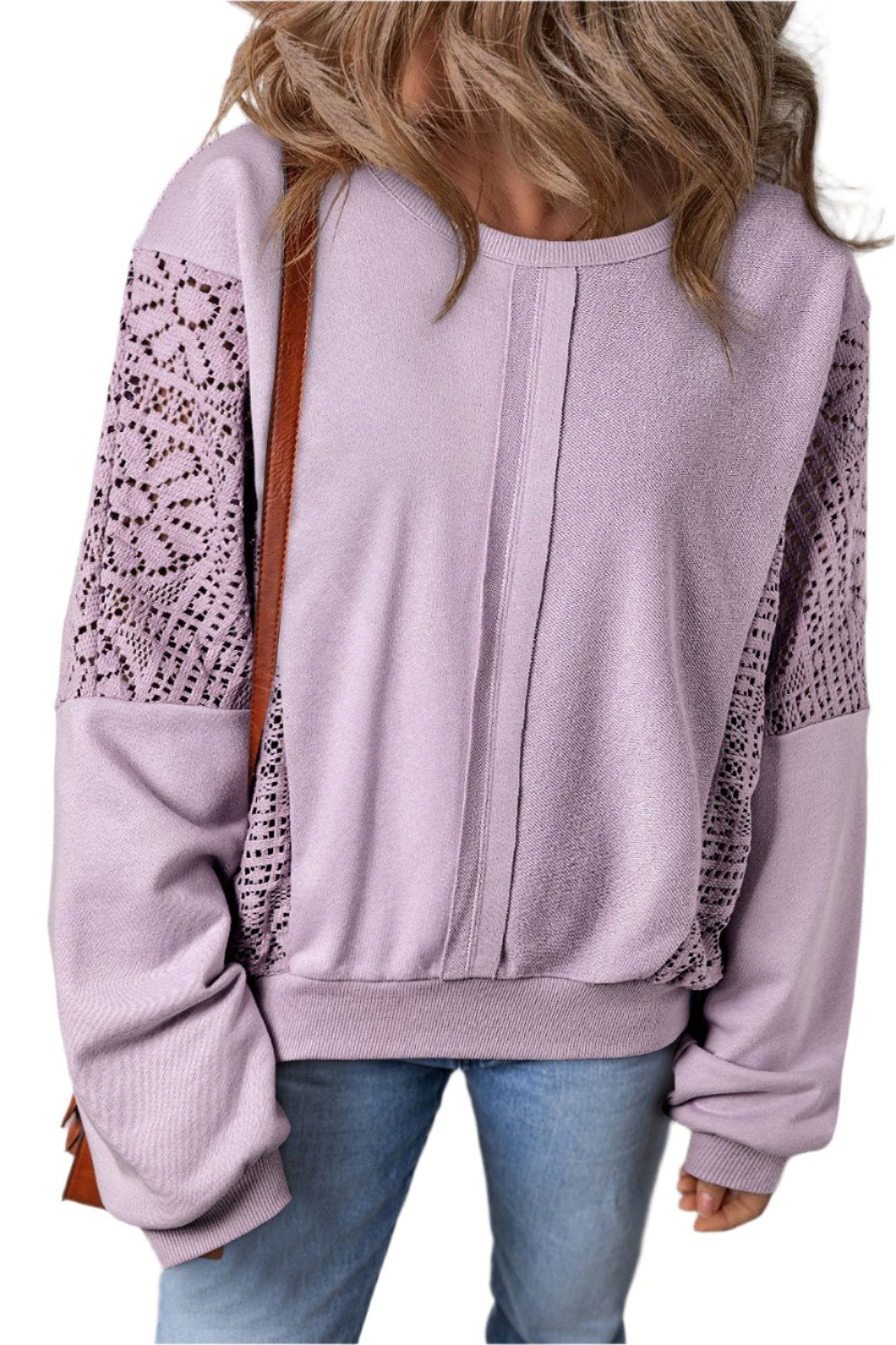 Crochet Round Neck Long Sleeve Sweatshirt - T - 2 COLORS -