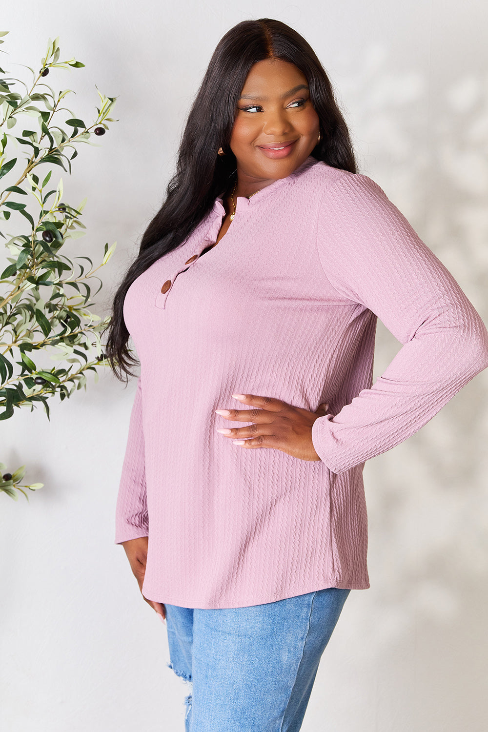 Celeste Full Size Texture Half Button Long Sleeve Blouse - SIZES S THRU 3XL - T - 1 COLOR -