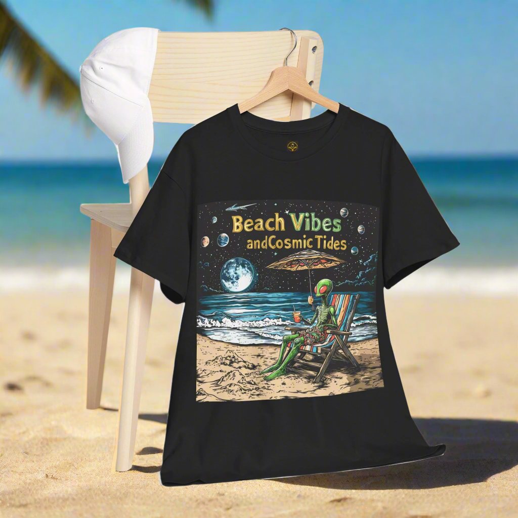 Beach VIbes and Cosmic Tides T-Shirt, Alien Tee, Beach T-Shirt - 2 COLORS -