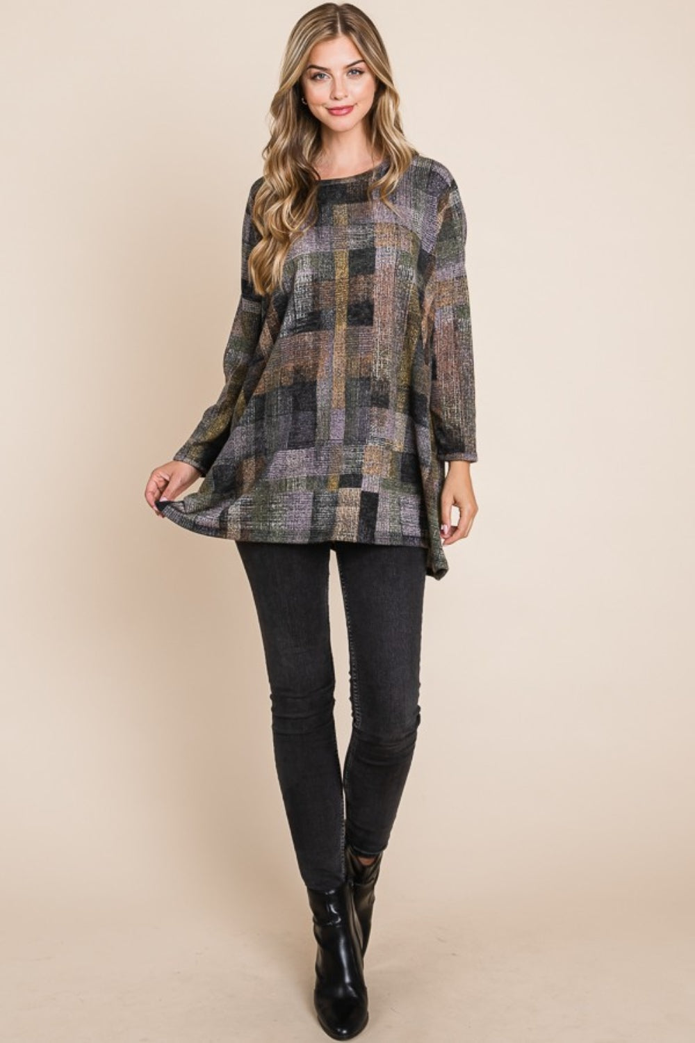 BOMBOM Plaid Round Neck Long Sleeve Top - T - 1 COLOR -