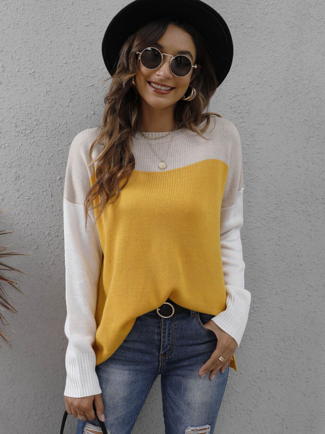 Color Block Round Neck Sweater - T - 3 COLORS -