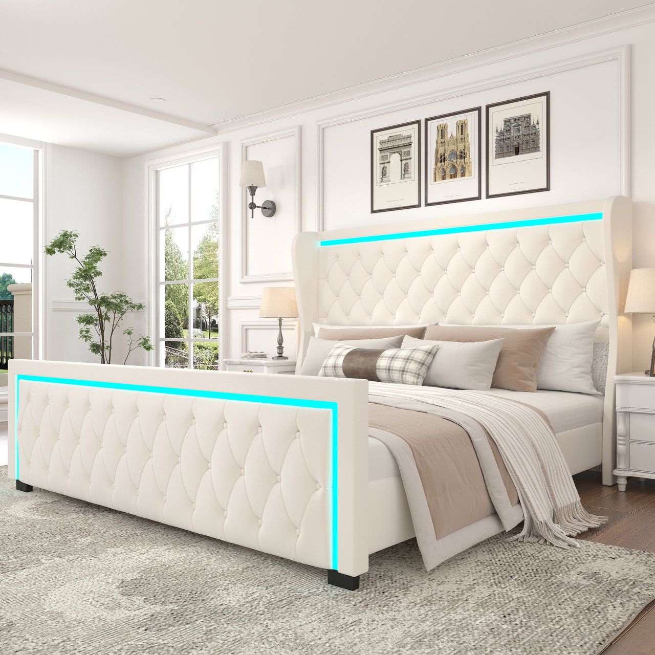 Queen Platform Bed Frame With High Headboard, Velvet Upholstered Bed With Deep Tufted Buttons, Adjustable Colorful LED L