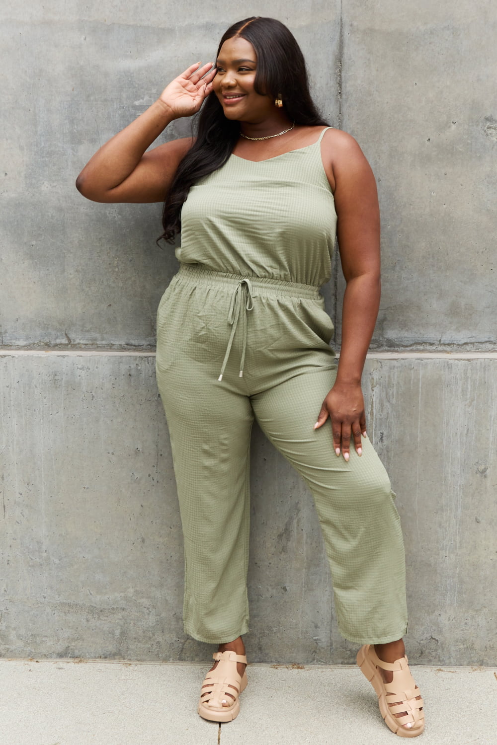 ODDI Full Size Textured Woven Jumpsuit in Sage - SIZES S THRU 3XL - 2 PCS. - T - 1 COLOR -