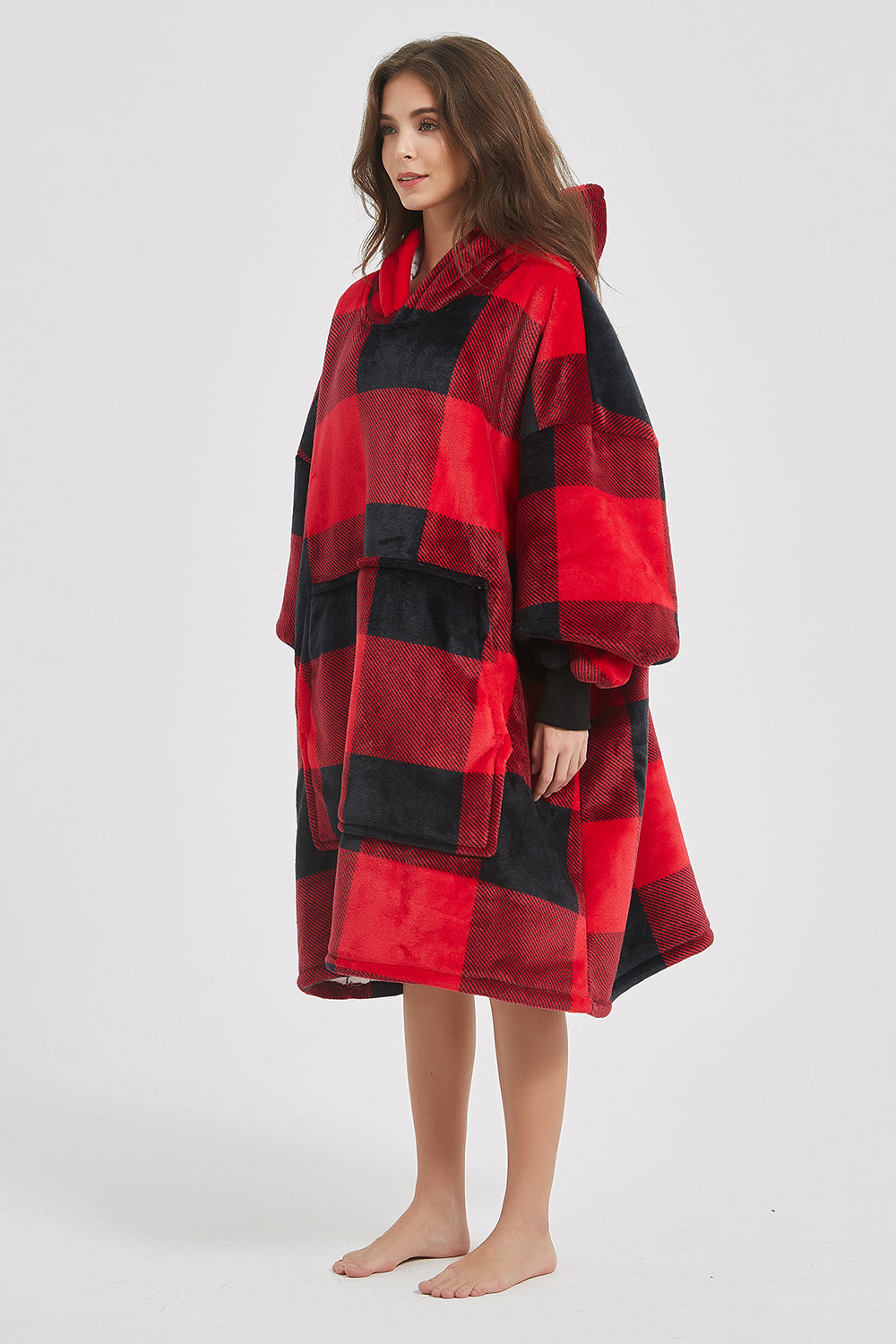 Plaid Hooded Oversize Fuzzy Lounge Dress - 1 LARGE OVERSIZE - T - 1 COLOR -