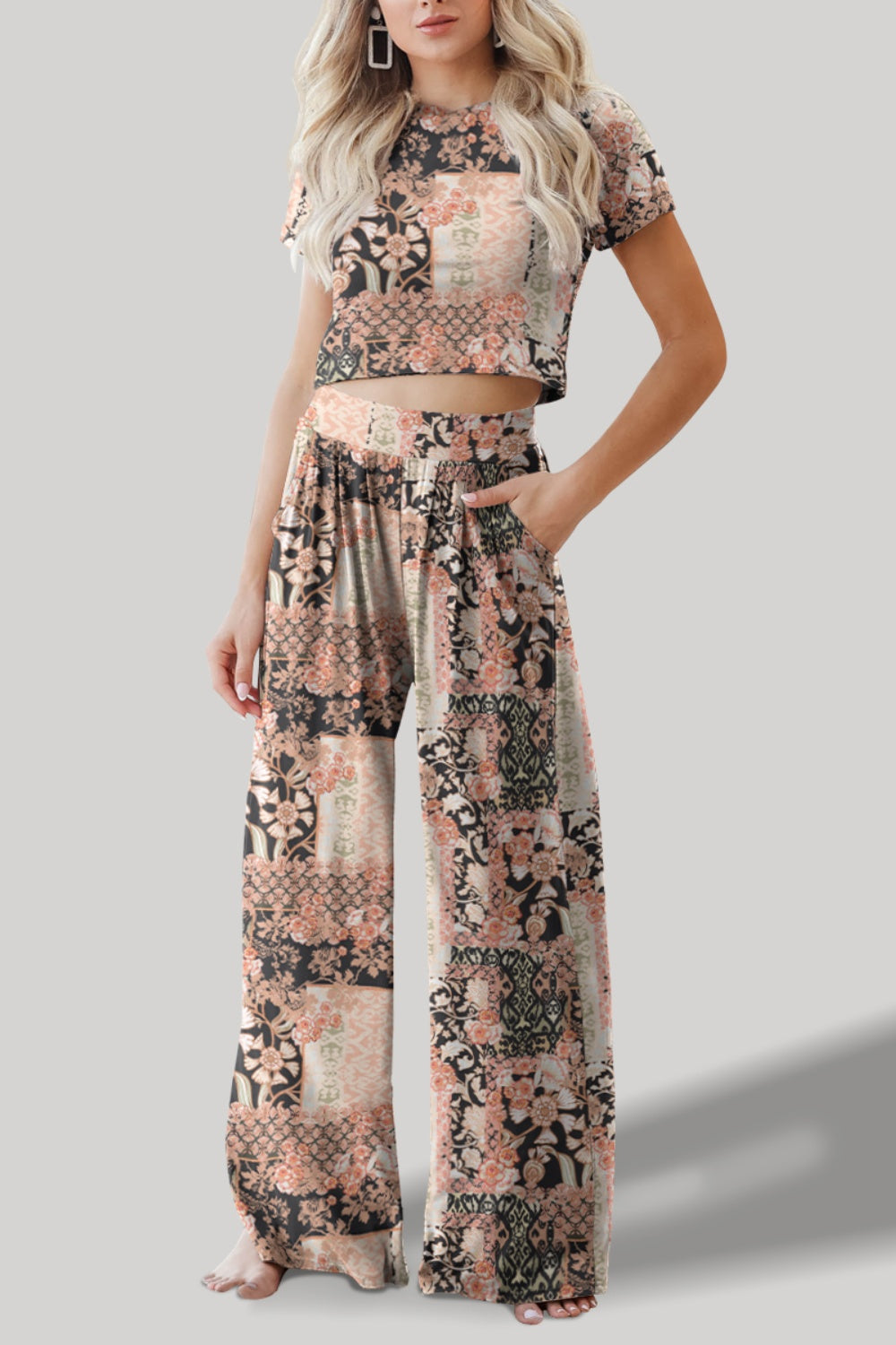 Printed Round Neck Short Sleeve Top and Pants set - 2 PCS. - T - 2 COLORS -