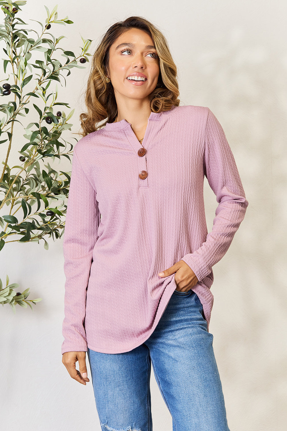 Celeste Full Size Texture Half Button Long Sleeve Blouse - SIZES S THRU 3XL - T - 1 COLOR -