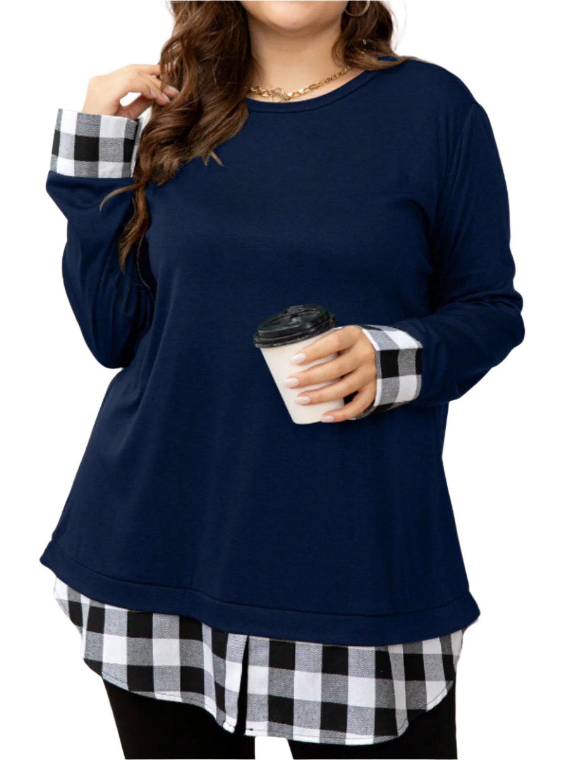 Plus Size Plaid Hem Round Neck Long Sleeve Sweatshirt - XL THRU 4XL ONLY - T - 1 COLOR -