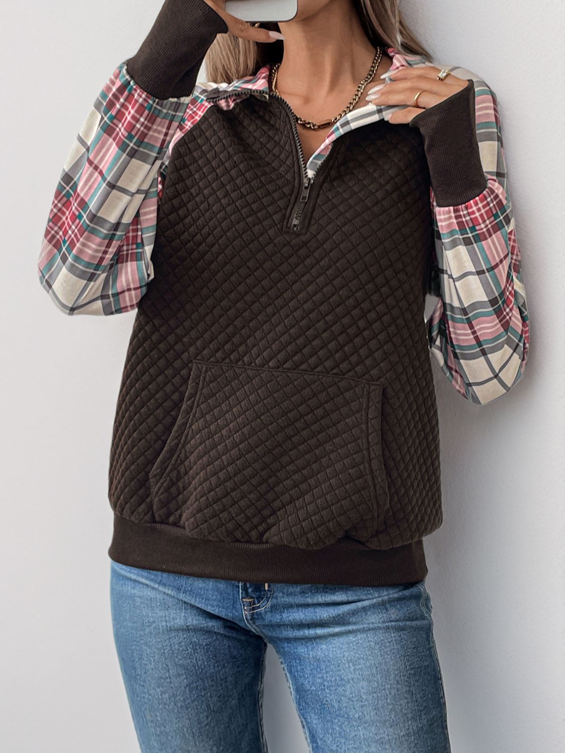 Perfee Plaid Half Zip Long Sleeve Sweatshirt - T - 1 COLOR -