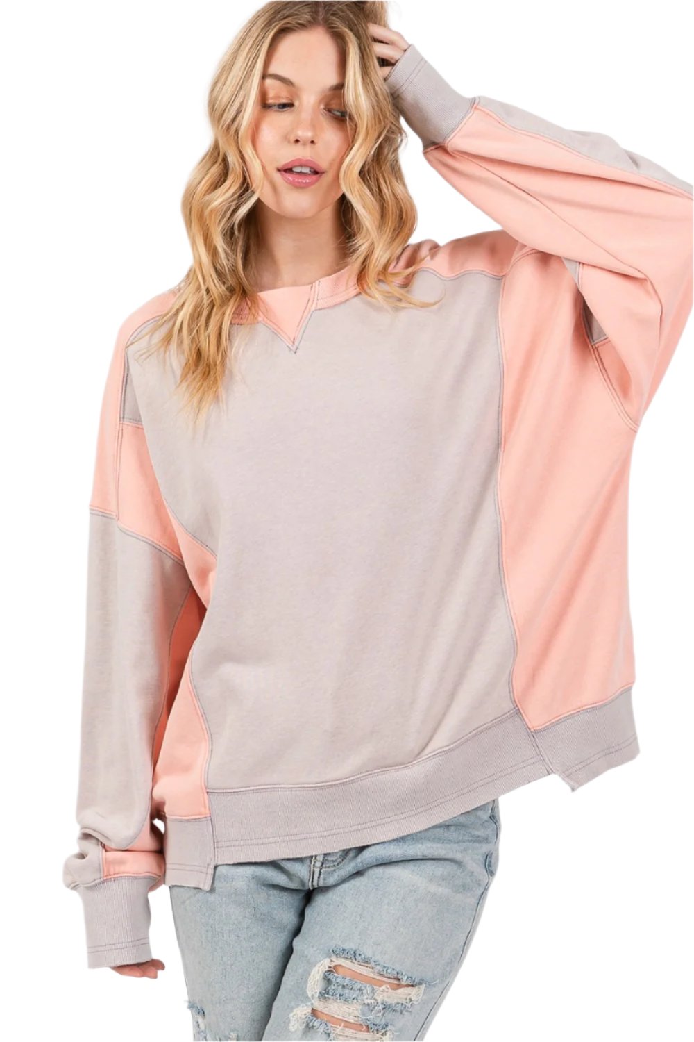 SAGE + FIG Color Block Round Neck Sweatshirt - T - 1 COLOR -