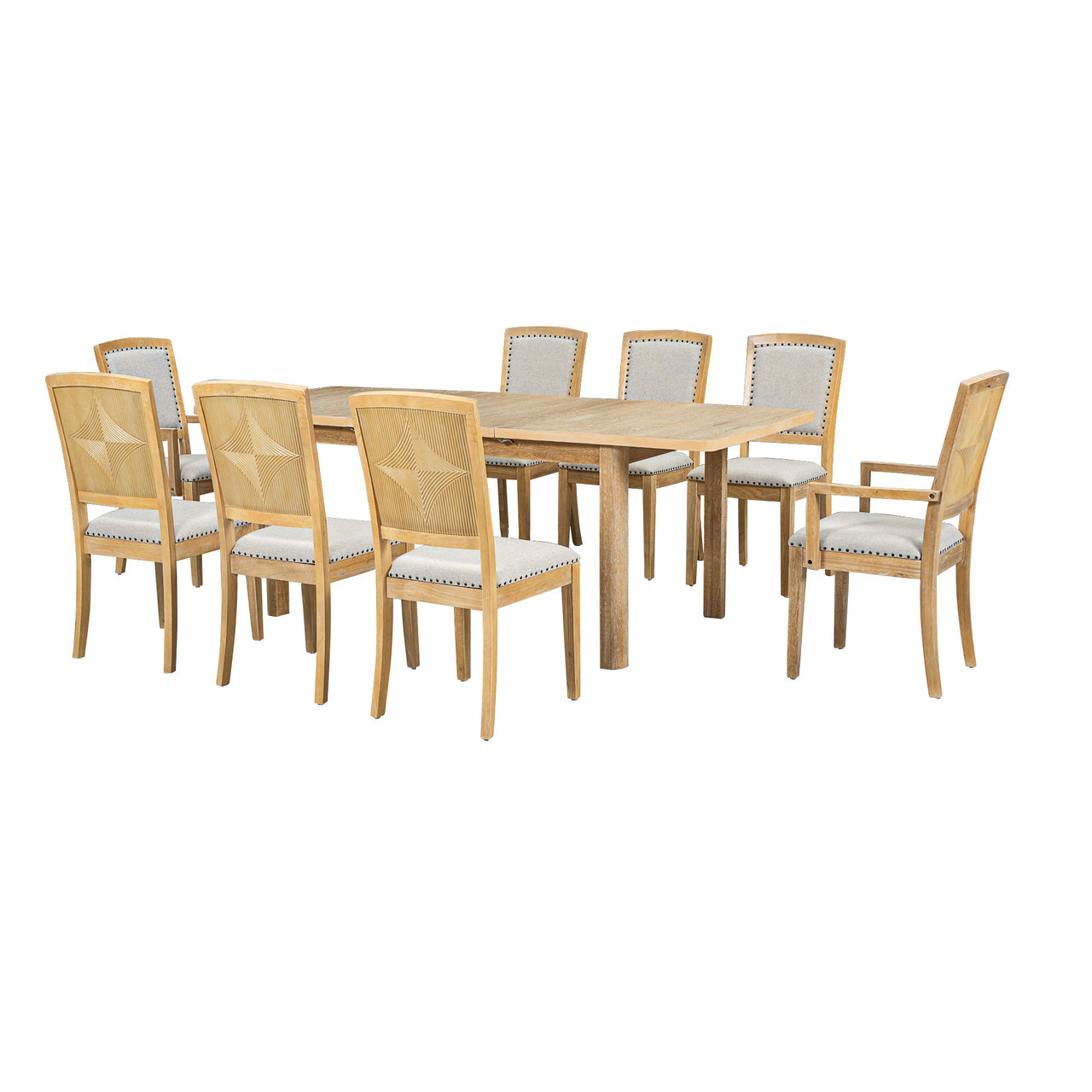 Rustic Extendable 84inch Dining Table Set With 24inch Removable Leaf , 6 Upholstered Armless Dining Chairs and 2 Padded