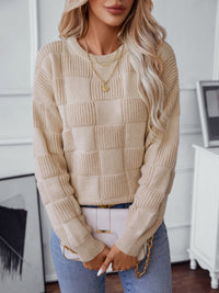 Thumbnail for Checkered Round Neck Long Sleeve Sweater - T - 2 COLORS -