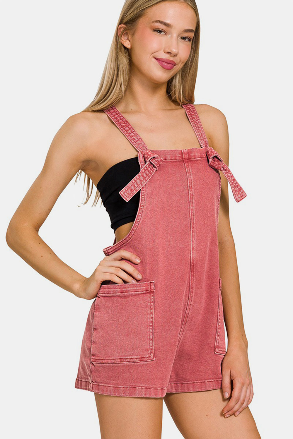 Zenana Washed Knot Strap Romper - T - 1 COLOR -