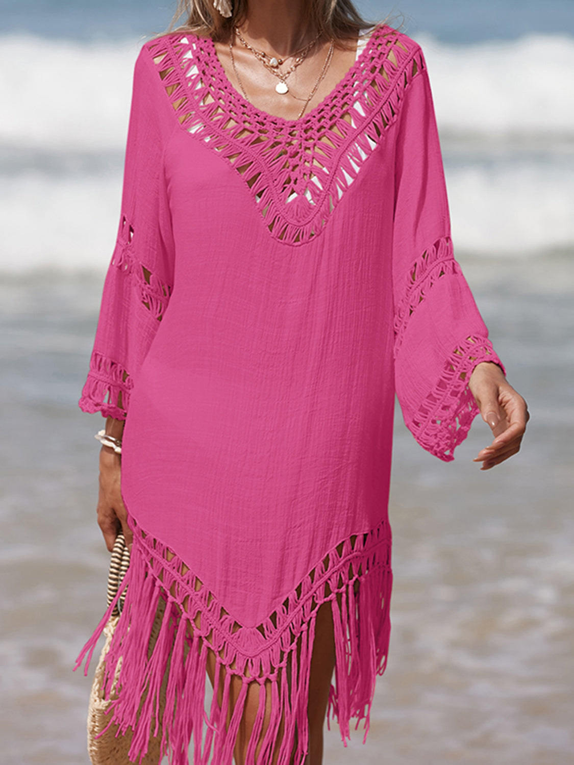 Cutout Fringe Scoop Neck Cover-Up - 1 SIZE FITS ALL - T - 5 COLORS -