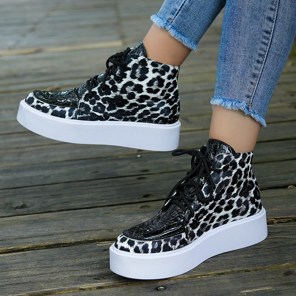 Faux Leather Leopard Platform Sneakers - T - 2 COLORS -