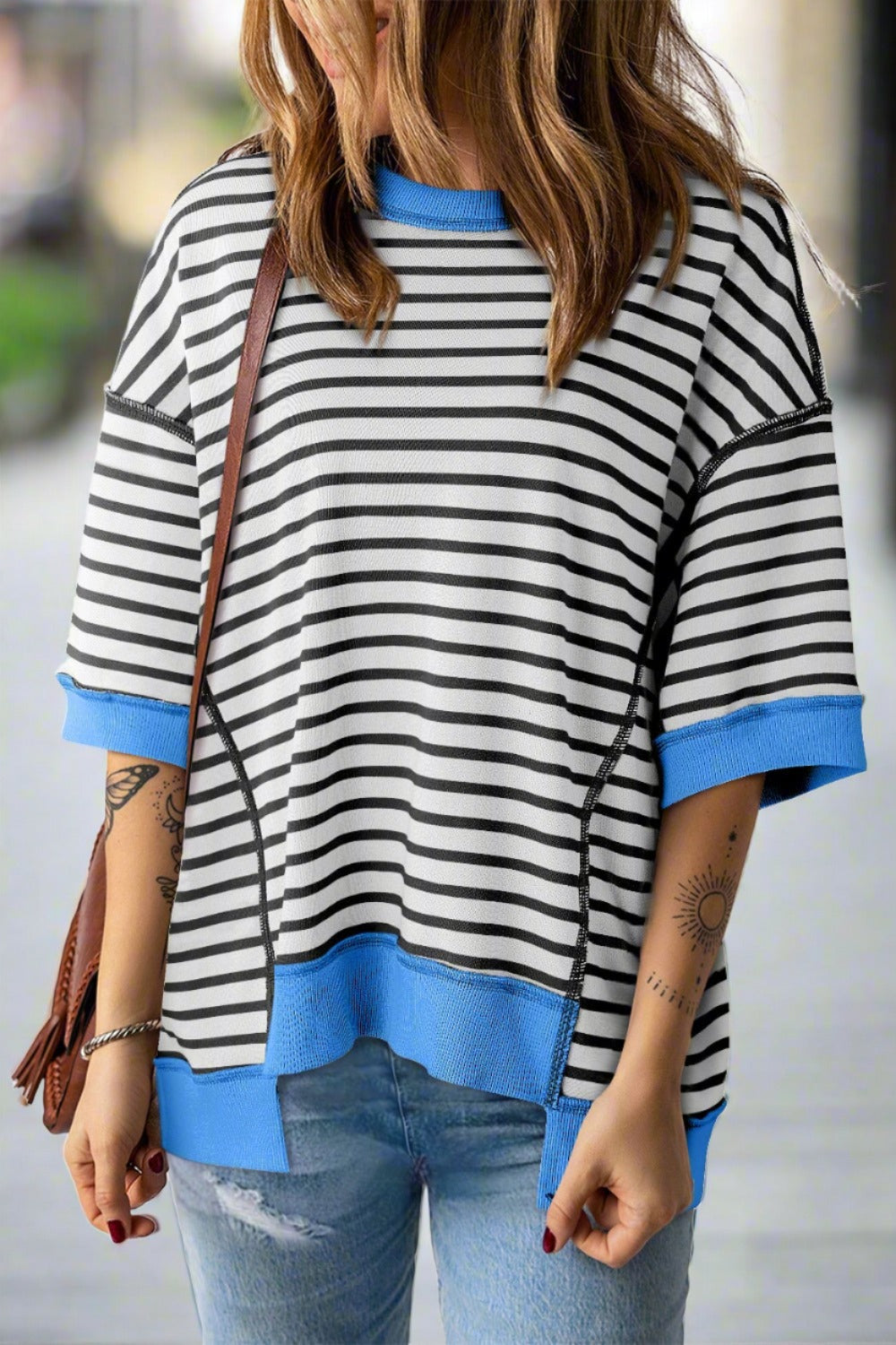 Striped Round Neck Half Sleeve T-Shirt - T - 1 COLOR -