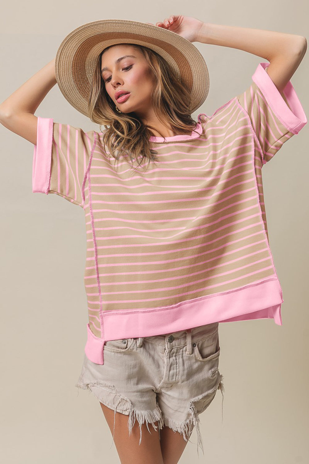 BiBi Exposed Seam Stripe Contrast T-Shirt - T - 1 COLOR -