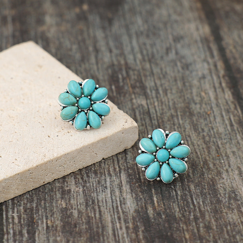 Alloy Turquoise Flower Stud Earrings - T - 1 COLOR -