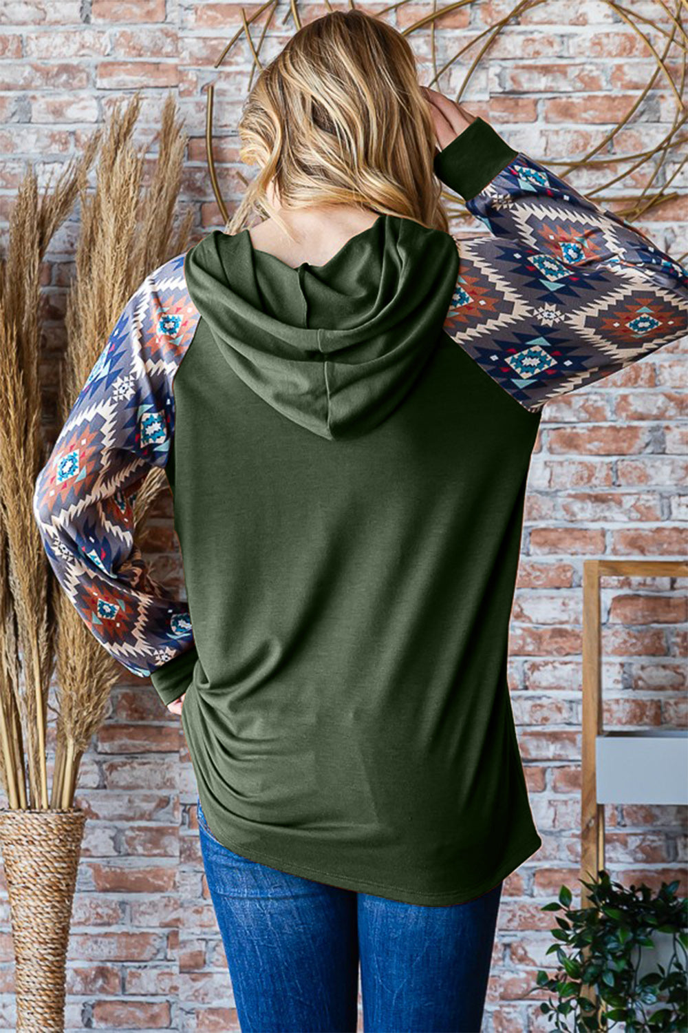 Heimish Full Size Half Button Printed Long Sleeve Hooded Top - T - 1 COLOR -