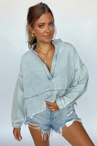 Thumbnail for Slit Raw Hem Notched Denim Top - T - 1 COLOR -