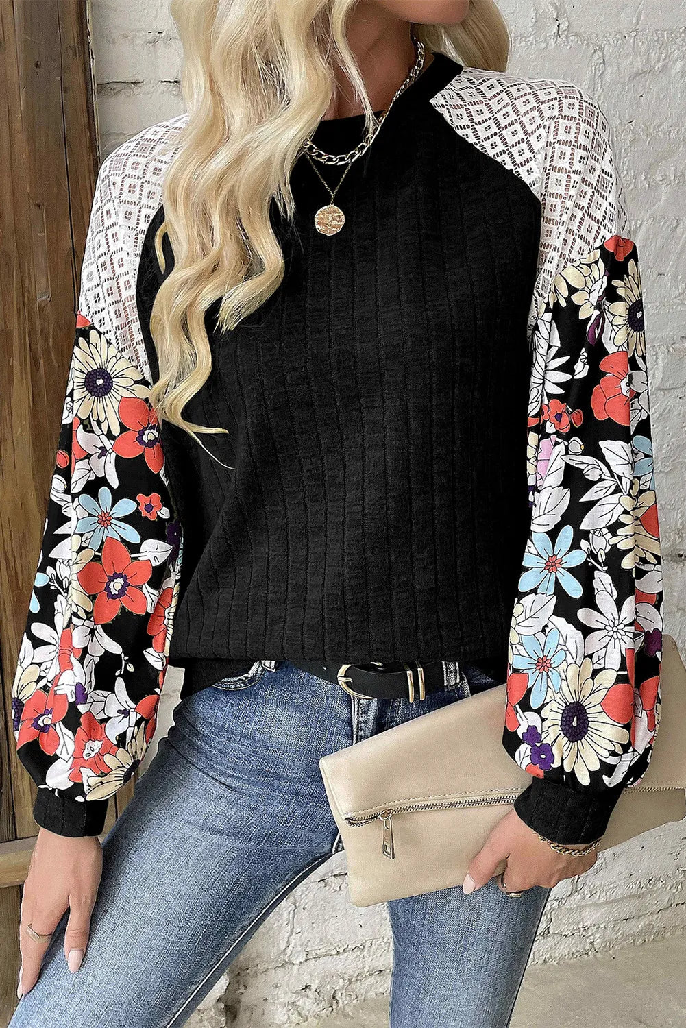 Printed Round Neck Long Sleeve Top - T - 3 COLORS -